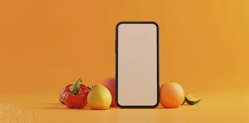 Mobile App Showcase Template with Fresh Fruits and Smartphone, perfect for Food Service Apps