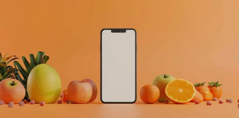 Mobile App Showcase Template with Fresh Fruits and Smartphone, perfect for Food Service Apps