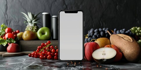 Mobile App Showcase Template with Fresh Fruits and Smartphone, perfect for Food Service Apps