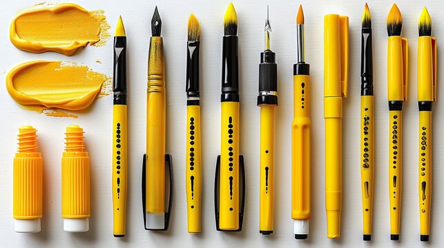 yellow markers brush lines rounds curves marks arrows ticks and crosses highlighters set marker underline yellow brush lines isolated modern set.stock image