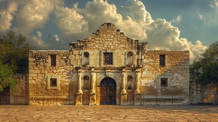 The Alamos Majestic Stone Facade Bathed in Golden Sunlight. Generative AI