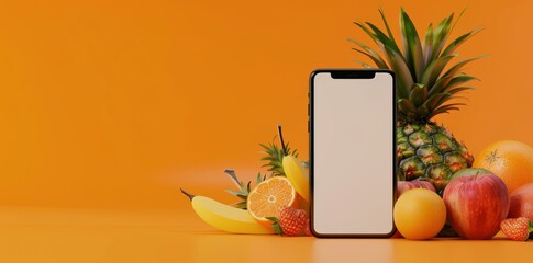 Mobile App Showcase Template with Fresh Fruits and Smartphone, perfect for Food Service Apps