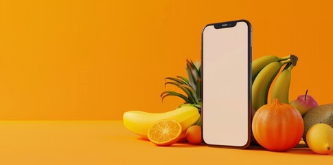 Mobile App Showcase Template with Fresh Fruits and Smartphone, perfect for Food Service Apps