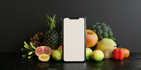 Mobile App Showcase Template with Fresh Fruits and Smartphone, perfect for Food Service Apps