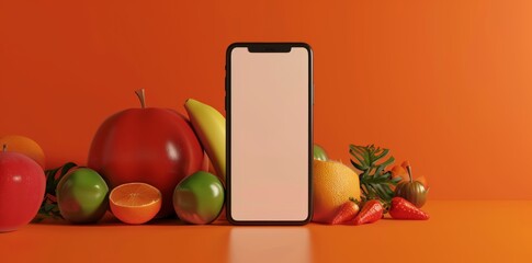 Mobile App Showcase Template with Fresh Fruits and Smartphone, perfect for Food Service Apps