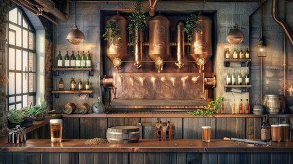 Obraz premium Craft Beer Paradise Artisanal Brewery Scene with Taproom Brewing Equipment and Business Cards for Branding Barley and Hops Crafted to Perfection