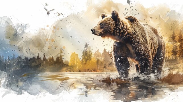 watercolor The watercolor painting shows a large brown bear walking through a river