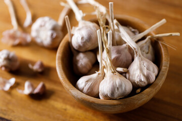 Ripe organic garlic clove and bulb on wooden background.  Close-up. Selective focus.
