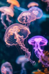 Fototapeta premium Enchanting bioluminescent sea cave with glowing jellyfish, ideal for fantasy book covers