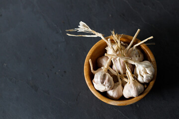 Ripe organic garlic clove and bulb on black stone background.  Close-up. Selective focus.
