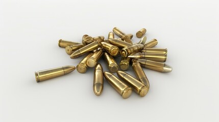 A collection of spent bullet casings scattered on a clean white background