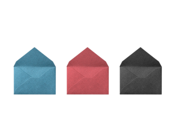 Cutout with lined blue, red, and black envelopes with lame
