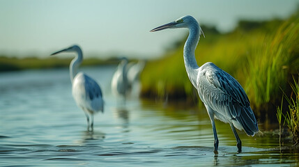 Fototapeta premium A serene nature wetland scene with a variety of bird species wading in the water