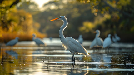 Naklejka premium A serene nature wetland scene with a variety of bird species wading in the water