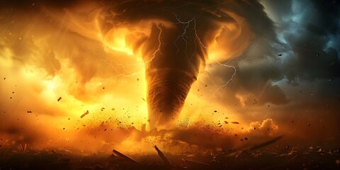 Tornados structure funnel cloud with surrounding debris and strong winds. Concept Natural Disasters, Tornado Formation, Severe Weather Patterns, Wind Damage, Debris Scatter