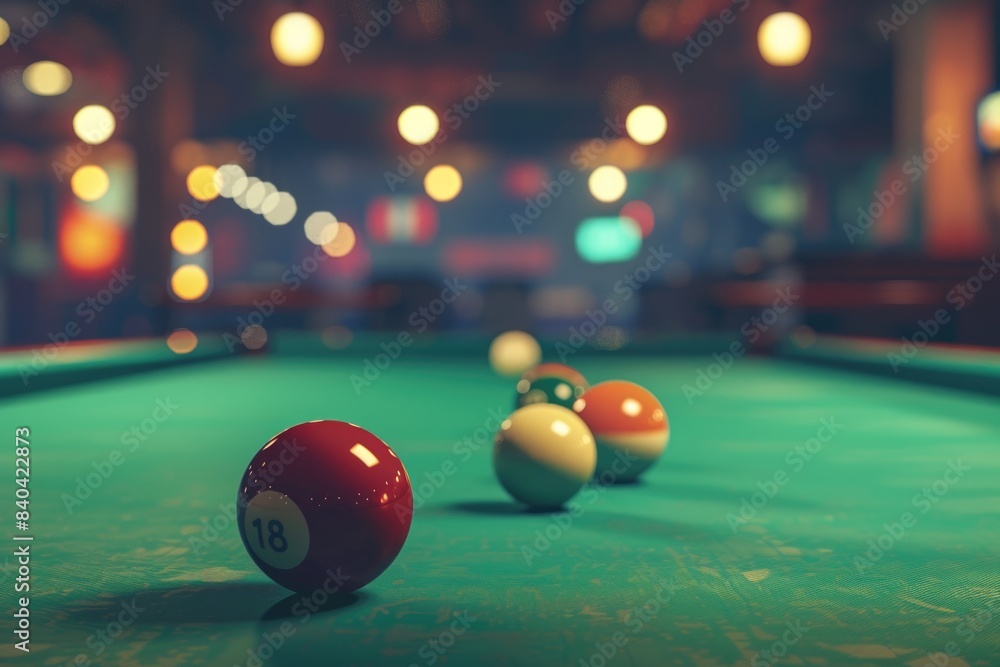 Poster a still life image of a pool table with a single pool ball resting on the felt