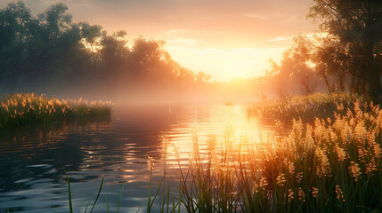 Obraz premium A serene nature wetland with tall reeds and still waters, the sunlight creating a warm and inviting atmosphere