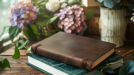 Timeless Elegance Handcrafted Leather Journal on Onyx Desk with Minimalist Floral Arrangement