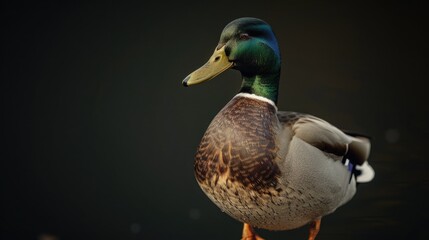 Fototapeta premium A solitary duck perched on the edge of a tranquil body of water, surrounded by calm surroundings