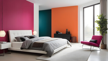 Colorful minimalist modern stylish bedroom. Generative AI