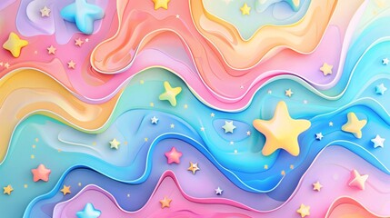 Fantasy-inspired poster with a vibrant mix of rainbow colors and stars, celebrating a birthday party; the design features flowing graphic elements and pastel hues for a magical effect