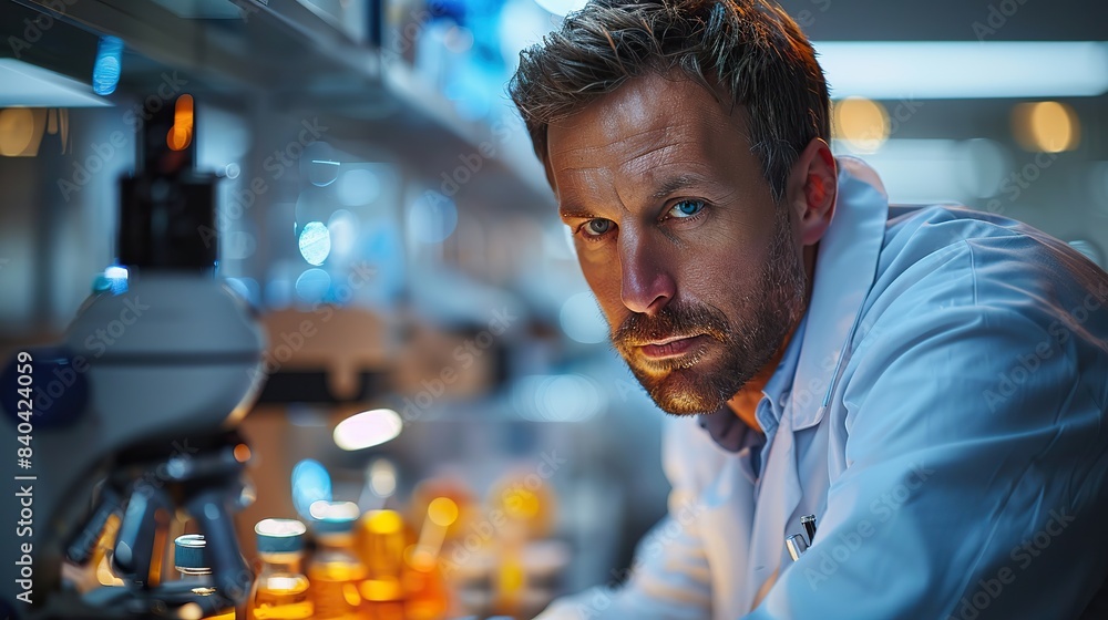 Poster microscope image of scientist analyzing sample in lab.illustration