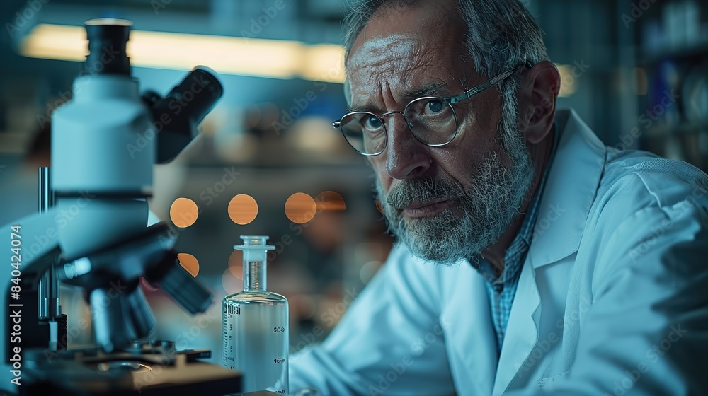 Poster microscope image of scientist analyzing sample in lab.stock image