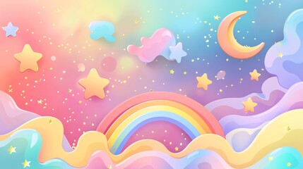 Magical and colorful birthday party poster with stars and a rainbow theme; includes graphic elements of flying colors and flowing designs, enhanced with pastel tones and a pride aesthetic