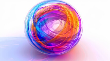 Abstract Colorful Sphere With Intertwined Lines, Swirling Design, Bright Vivid Colors, Orange, Blue, Purple, White Background