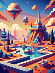 Futuristic Landscape with Floating Islands and Space Elements