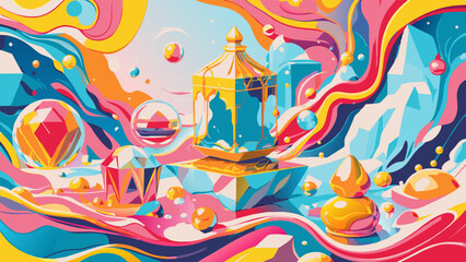 Obraz premium Surreal Carousel Fantasy Landscape in Vibrant Colors