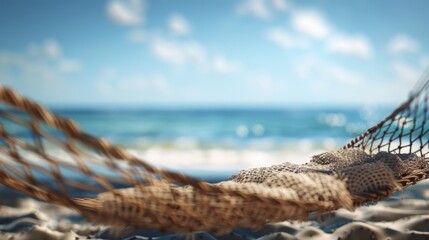 Obraz premium Serenity in Motion Hammock Texture with Blurred Seascape Background