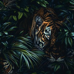A majestic tiger stalking through the jungle, its striped coat and powerful muscles illustrated in high detail to emphasize its strength and stealth in its natural habitat. Minimal pattern banner