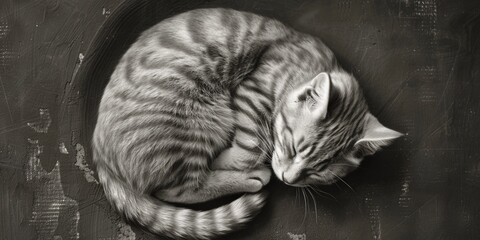 A black and white photograph of a cat curled up in a ball