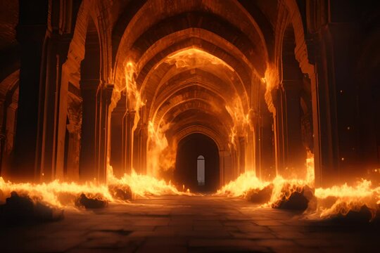stone arches with flames on background