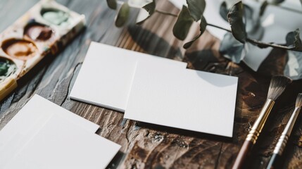 Creative Workspace Blank Business Cards and Paintbrush for Branding Inspiration