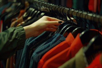 Naklejka premium A person standing next to a clothing rack in a store, holding it steady