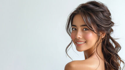 Indonesian smile woman with healthy facial skin for skincare cosmetic advertise