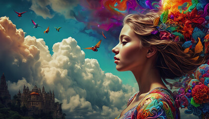 a fabulous place, a girl in dreams, a woman in a fabulous place. the girl dreams of a magical land