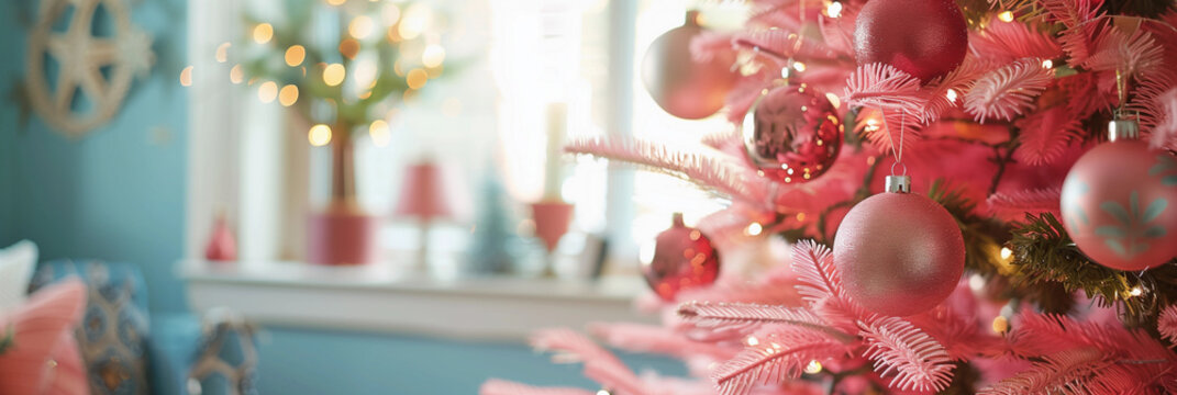 Kitschy MCM pastel pink Christmas tree shiny gloss retro pretty ornaments balls midcentury modern 50s blue wall living room interior lux chic nostalgia indoor girly home decor banner copy
