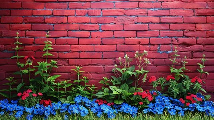  A row of blue and red flowers against a red brick wall with grass and flowers in the foreground