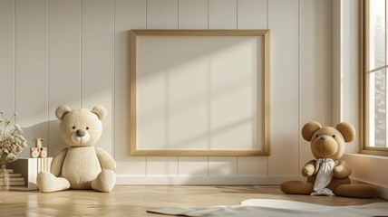 A Minimalist Nursery Interior Featuring a Large Blank Canvas, Two Teddy Bears, and a Wooden Floor with a White Rug