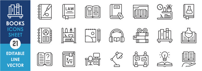A set of line icons with books and study materials. Book, reading, study desk, group discussion, maths, rack, chemistry and so on. Vector outline icons set.