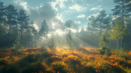 A vast nature forest steppe with a mix of grasslands and scattered trees, the sunlight creating a warm and inviting atmosphere