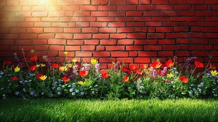   A field of grass with flowers in front of a brick wall and a batch of vibrant blossoms in the foreground