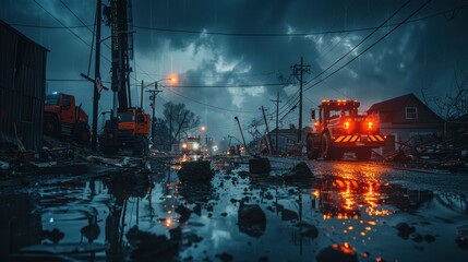 Fototapeta premium An emergency light illuminates the darkness after a severe weather event as cranes and forklifts operate