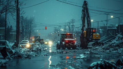 An emergency light illuminates the darkness after a severe weather event as cranes and forklifts operate