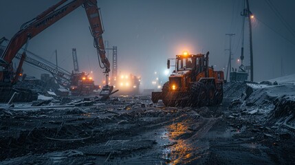 An emergency light illuminates the darkness after a severe weather event as cranes and forklifts operate