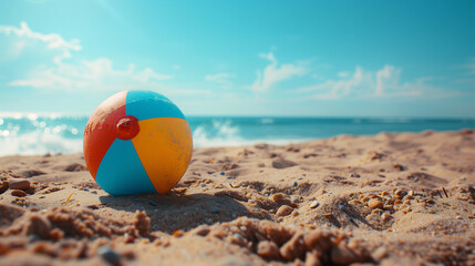 Obraz premium A vibrant beach ball lying on sandy shore, waves gently crashing in the background under a bright sky.