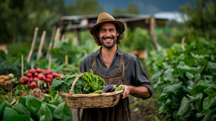 Portrait of a Modern Young smiling Garden farmer showing holding a basket of vegetables